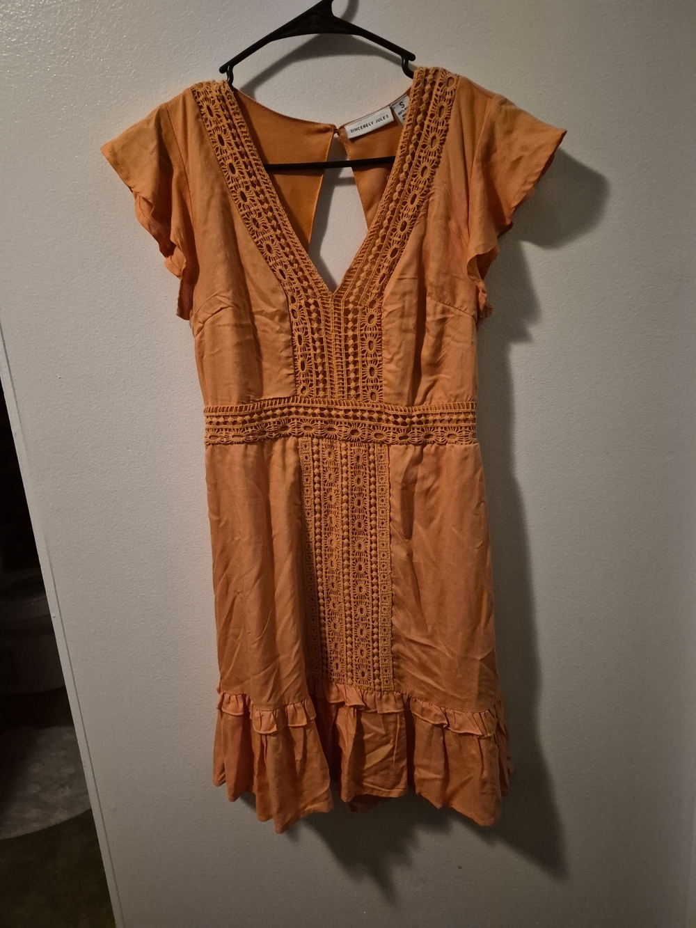Sincerly Jules Orange Crochet V-Neck Ruffled Mini Dress